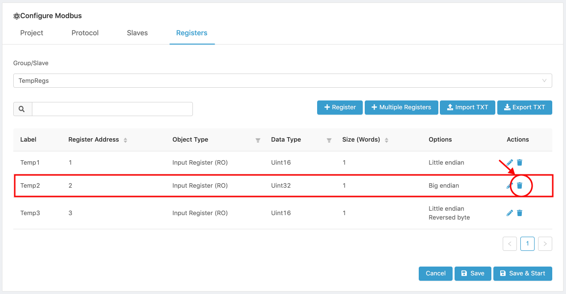 Delete register from list